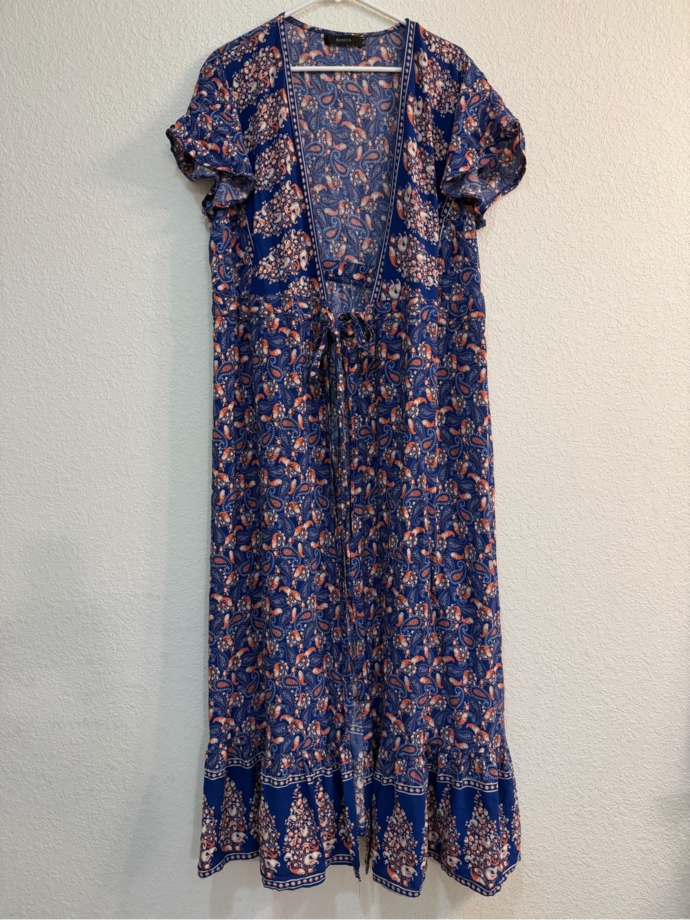Blue Paisley Maxi Dress with Drawstring Waist